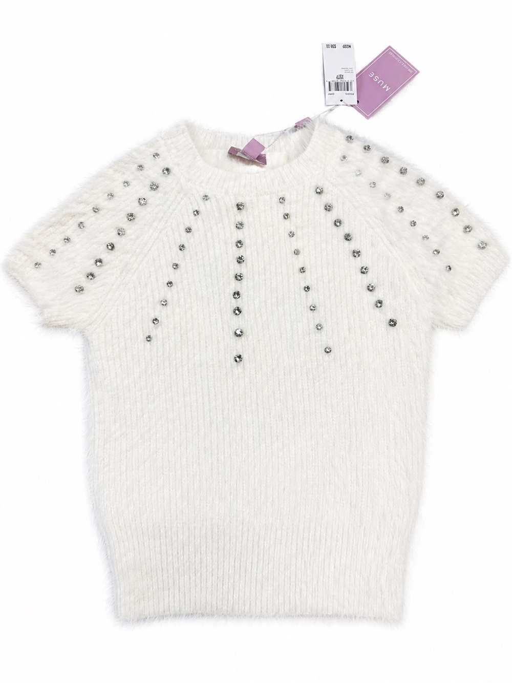Muse Ivory Fuzzy Knit Top with Crystal Studs